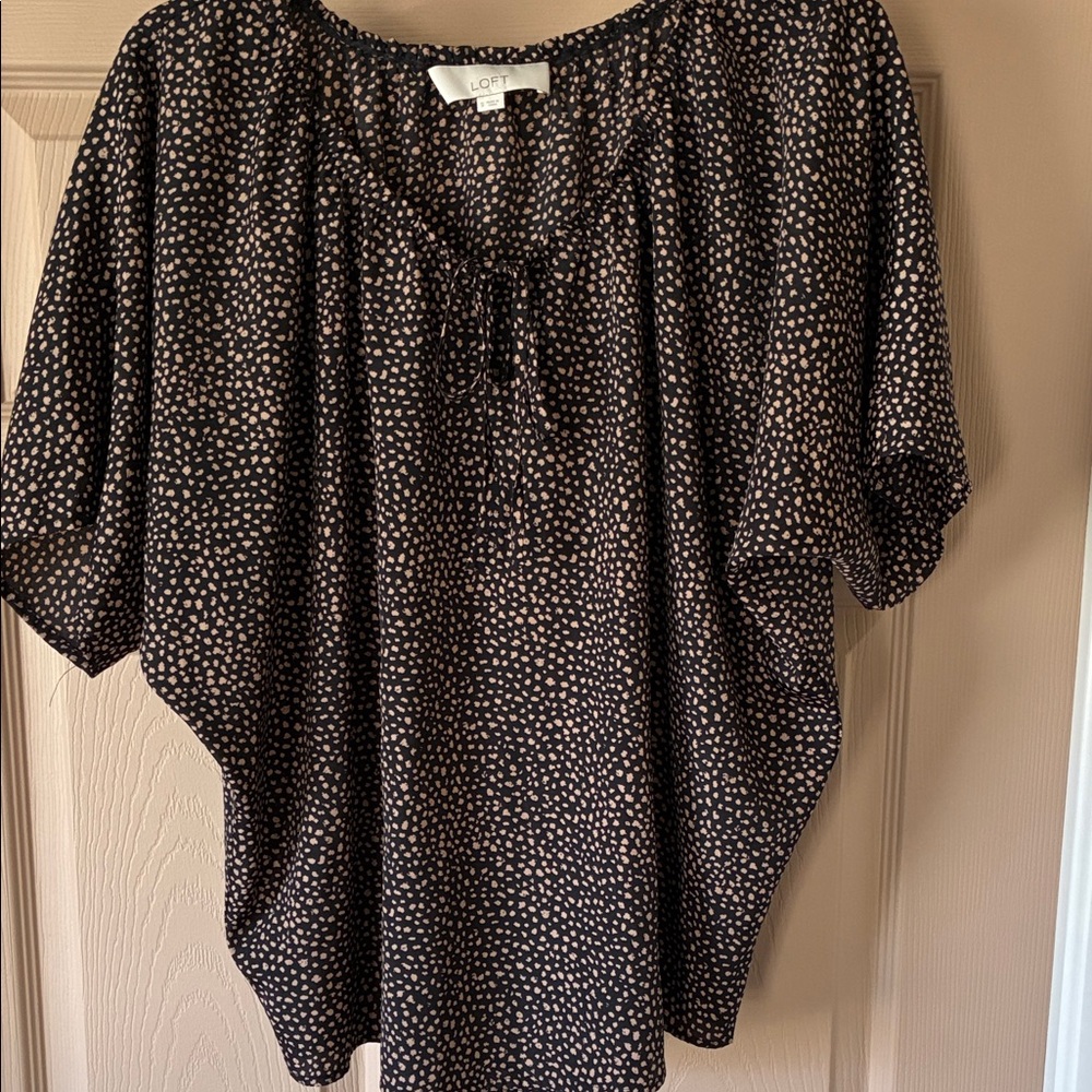 LOFT Black Blouse with Taupe Dot Tie-Neck